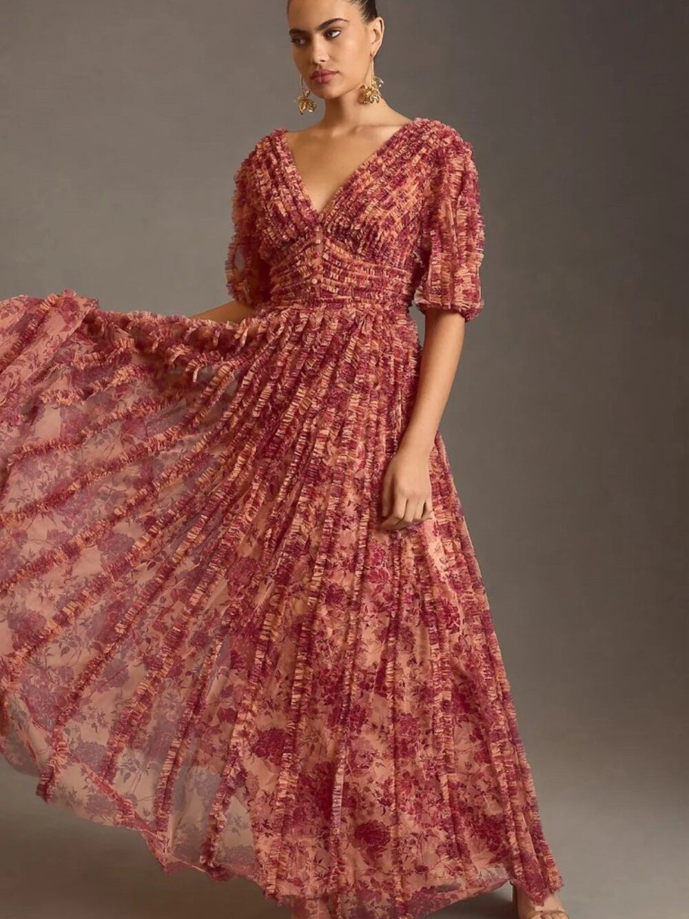 MAC DUGGAL Size 4 Rose Peach Floral 8013 V-Neck Ruffles Maxi Gown Dress NWT
